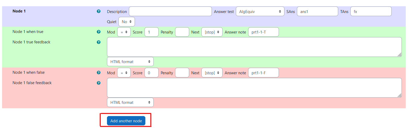 STACK question potential response tree with 'Add node(s)' button below, centre left